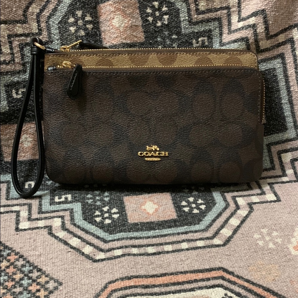 Coach Dark Brown Wristlet with Gold Accents